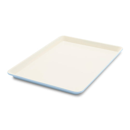 Blue haze ceramic nonstick cookie sheet, 18 by 13 inches, with smooth surface and raised edges.
