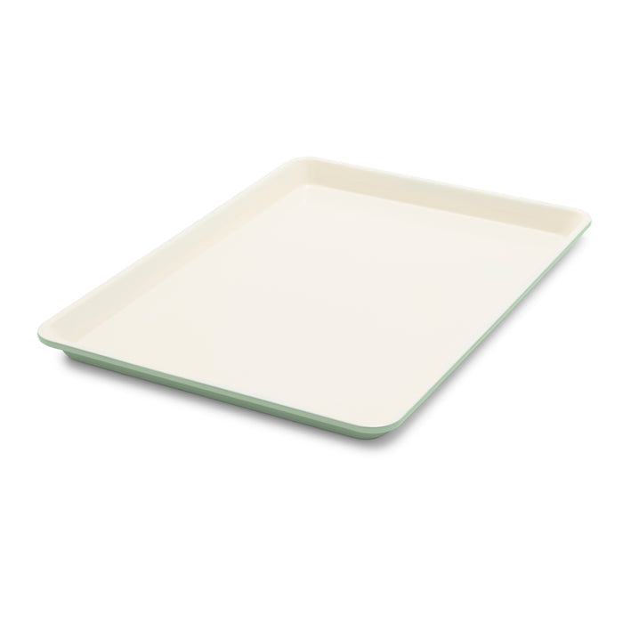Sage green ceramic nonstick cookie sheet, 18 by 13 inches, single piece shown on white background.