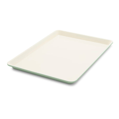 Sage green ceramic nonstick cookie sheet, 18 by 13 inches, single piece shown on white background.