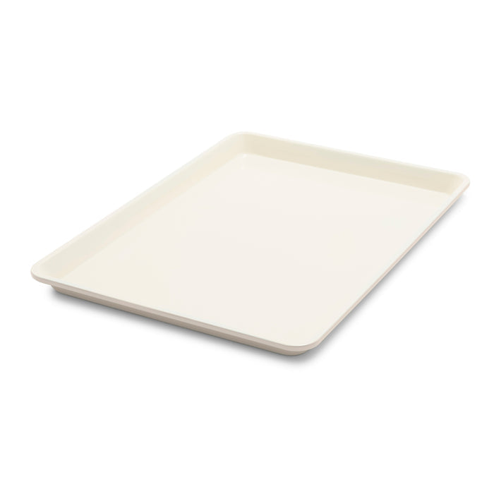 Taupe ceramic cookie sheet with nonstick surface, raised edges, and rectangular 18 x 13 inch shape.