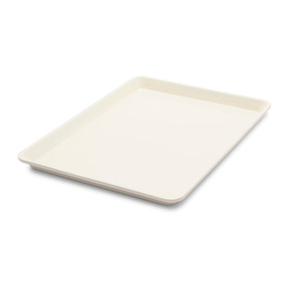 Taupe ceramic cookie sheet with nonstick surface, raised edges, and rectangular 18 x 13 inch shape.