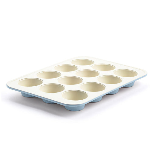 Blue ceramic 12-cup muffin pan with nonstick coating, featuring GreenLife branding on the rim.