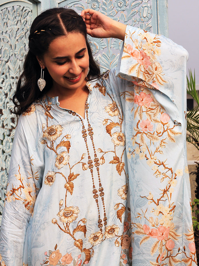 Falak Grey Moroccan Satin Silk Festive Dress front view