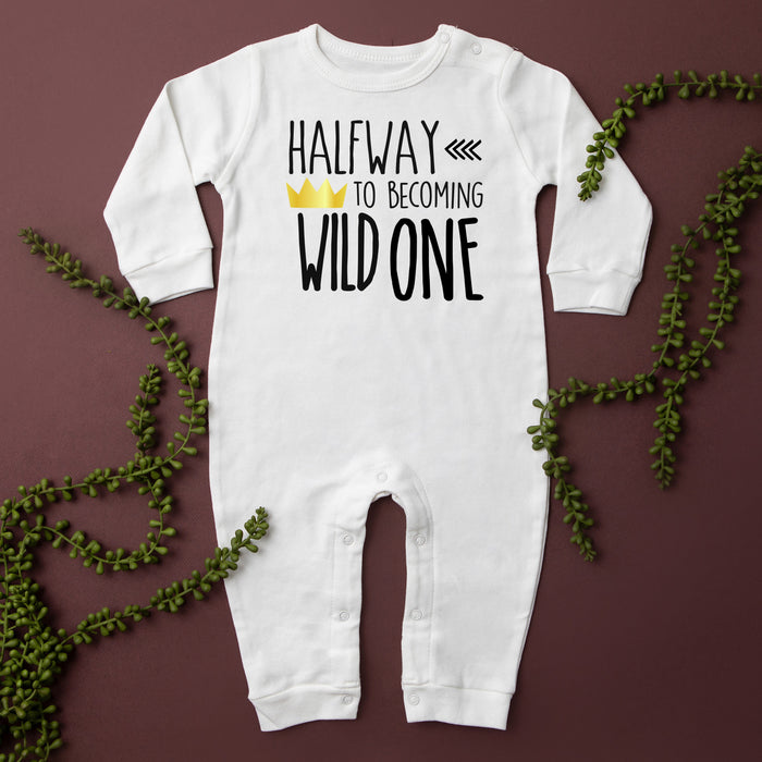 "Halfway to Becoming Wild One" 1/2 Birthday Long Sleeve Romper