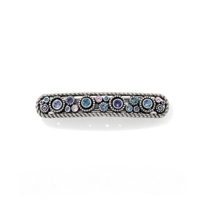 Brighton silver-plated hair barrette with blue, purple, and pink crystals framed by rope-twist edges on a white background
