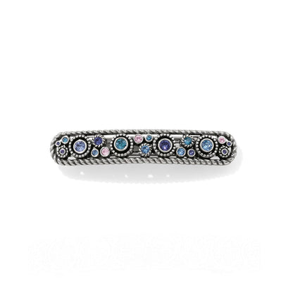 Brighton silver-plated hair barrette with blue, purple, and pink crystals framed by rope-twist edges on a white background
