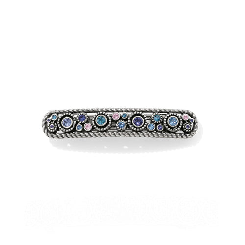 Brighton silver-plated hair barrette with blue, purple, and pink crystals framed by rope-twist edges on a white background