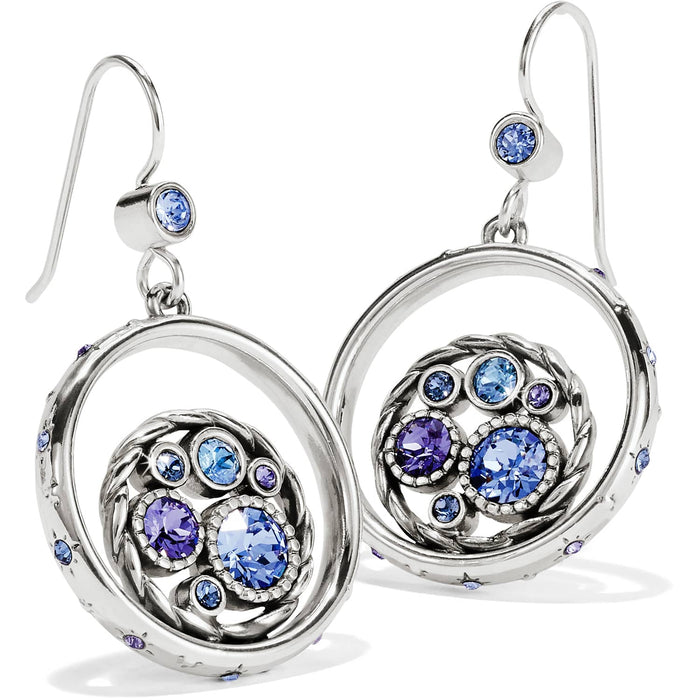 Brighton drop earrings with silver-plated open circles, blue and purple crystals in clustered settings on a white background