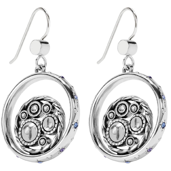 Brighton drop earrings with silver-plated circular frames, beaded medallion centers, and small purple crystal accents on a white background