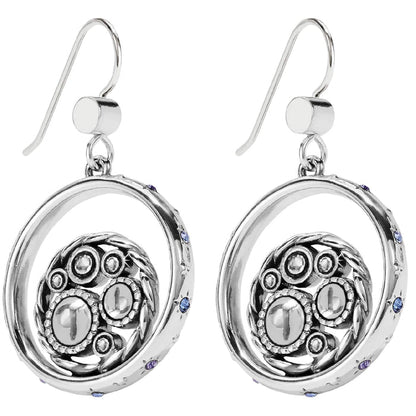 Brighton drop earrings with silver-plated circular frames, beaded medallion centers, and small purple crystal accents on a white background
