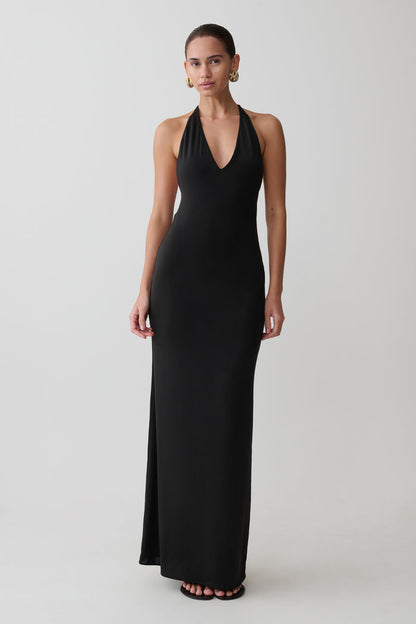 Hana Slinky Plunge Maxi Dress - Black