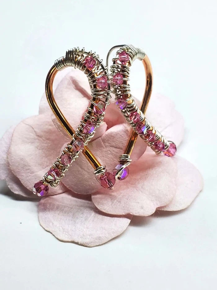Handmade Copper Silver Pink Crystal Ribbon Jewelry Set featuring elegant copper tube earrings with pink Swarovski crystals.