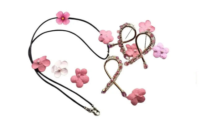 Handmade Copper Silver Pink Crystal Ribbon Jewelry Set featuring pink flowers and elegant design.