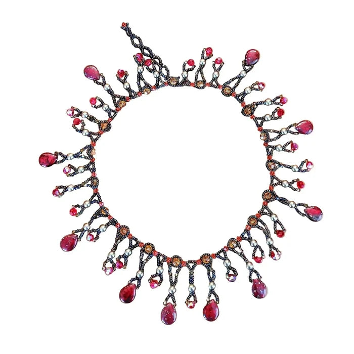 AMDV001Handmade waterfall statement necklace. Red Green beaded glamNecklacesNecklace$ 179.00Alexa Martha Designs