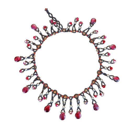AMDV001Handmade waterfall statement necklace. Red Green beaded glamNecklacesNecklace$ 179.00Alexa Martha Designs
