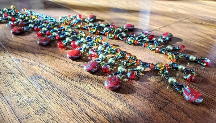 AMDV001Handmade waterfall statement necklace. Red Green beaded glamNecklacesNecklace$ 179.00Alexa Martha Designs