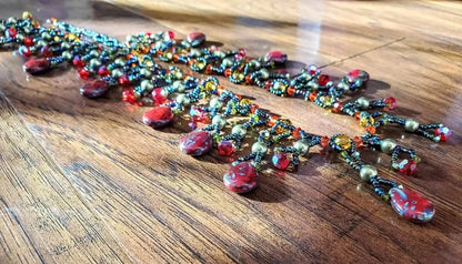 AMDV001Handmade waterfall statement necklace. Red Green beaded glamNecklacesNecklace$ 179.00Alexa Martha Designs