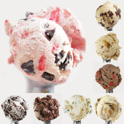 8 different flavors of ice cream on ice cream scoopers