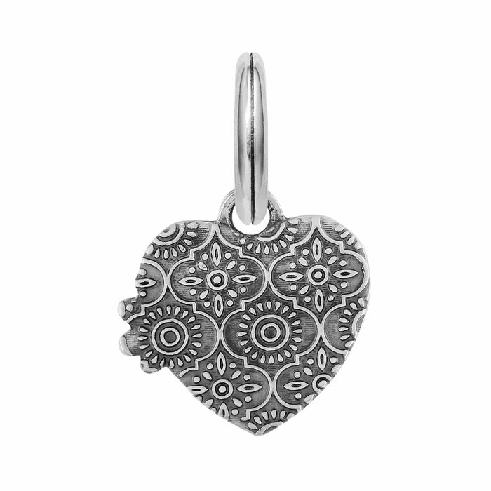 Brighton heart charm with silver-plated floral medallion pattern and split ring on a white background
