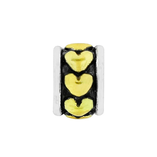 Brighton charm bead with three gold-tone hearts and silver-tone bordered edges on a white background