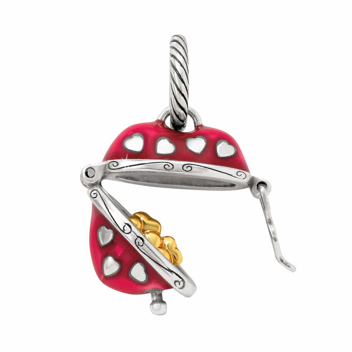 Brighton ladybug charm shown open with red enamel wings, silver-plated heart details, and gold flower inside on a white background
