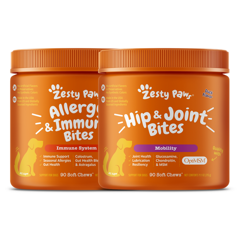 Two orange Zesty Paw supplement containers: Allergy & Immune Bites and Hip & Joint Bites soft chews for dogs.