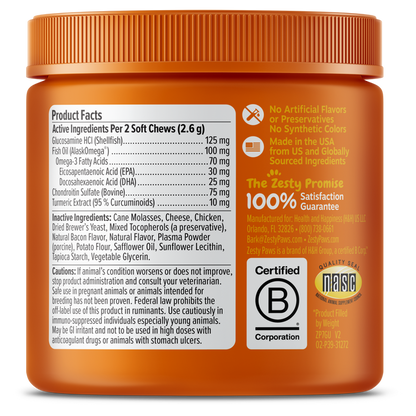 Orange jar of cat hip and joint supplement soft chews with product facts label and certification badges.