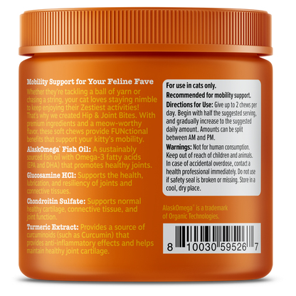 Orange jar with ridged cap containing cat hip and joint supplement bites, with ingredient and usage information on label.