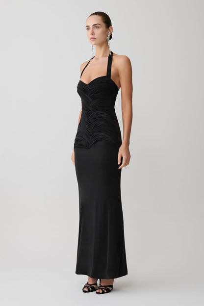 Hoai Gathered Slinky Halter Maxi Dress - Black