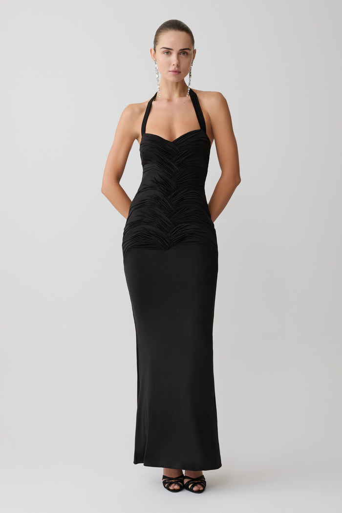 Hoai Gathered Slinky Halter Maxi Dress - Black