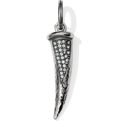 Brighton horn-shaped pendant charm with silver-plated hammered finish and pave crystal accents on a white background