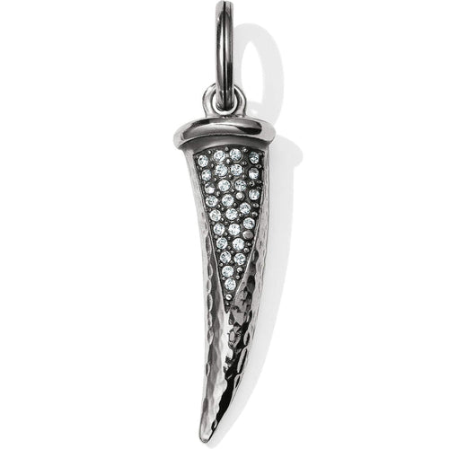 Brighton horn-shaped pendant charm with silver-plated hammered finish and pave crystal accents on a white background