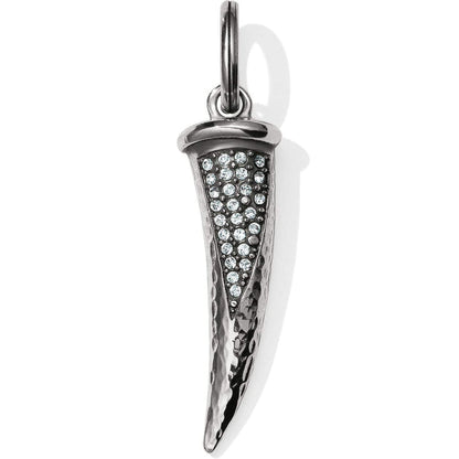 Brighton horn-shaped pendant charm with silver-plated hammered finish and crystal pavé accents on a white background