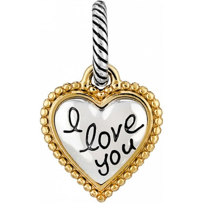 Brighton heart charm with two-tone finish and engraved I love you script on a white background