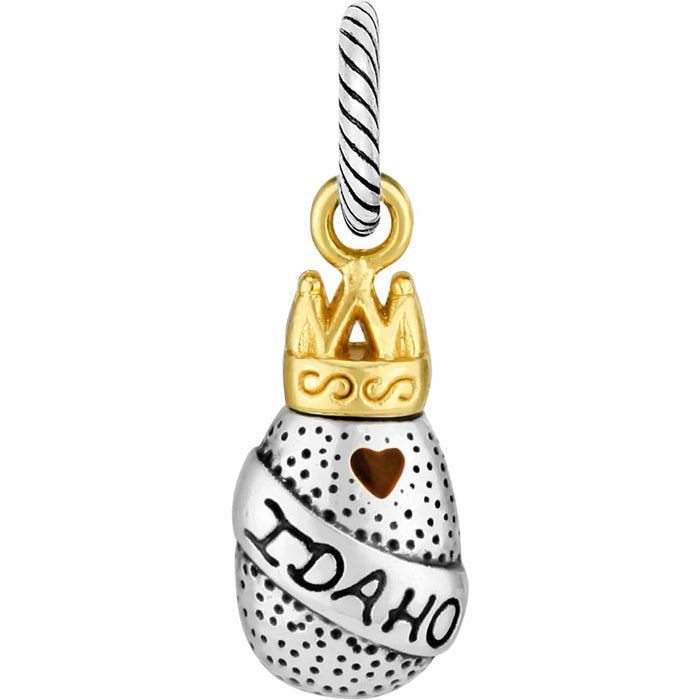 Brighton Idaho charm with silver-tone dotted body, gold-tone crown, heart accent, and banner detail on a white background
