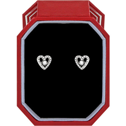 Brighton silver-plated heart stud earrings with crystal accents displayed in a red gift box on a white background