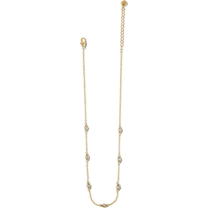 Brighton gold-plated chain necklace with crystal stations, lobster clasp, and adjustable extender on a white background