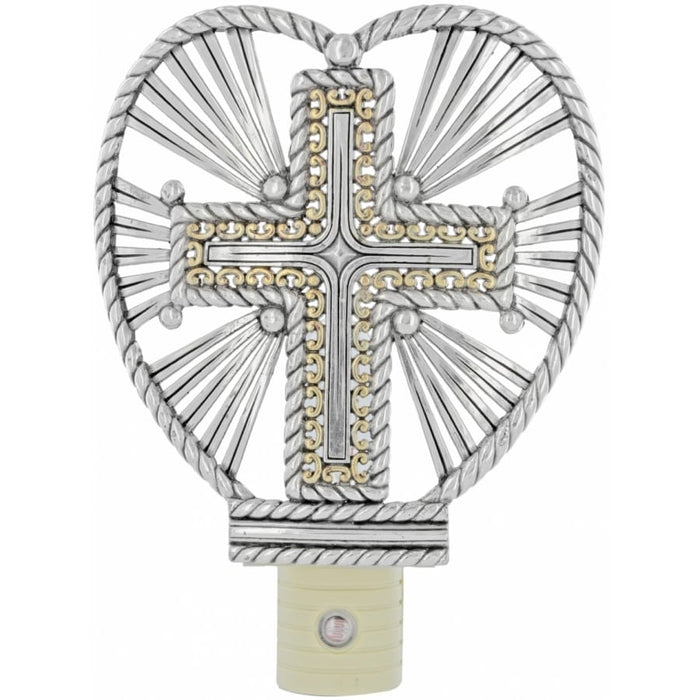 Brighton night light with two-tone cross inside heart-shaped rope frame and radiating silver spokes on a white background