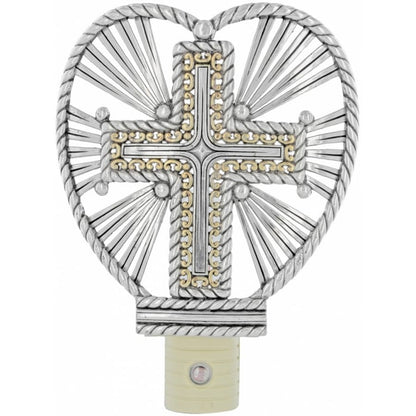 Brighton night light with two-tone cross inside heart-shaped rope frame and radiating silver spokes on a white background
