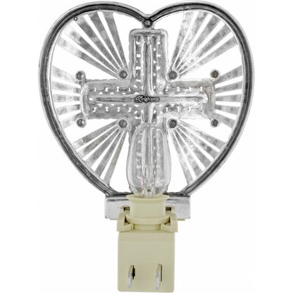 Brighton heart-shaped night light with silver-tone cross design and radiating sunburst pattern on a white background