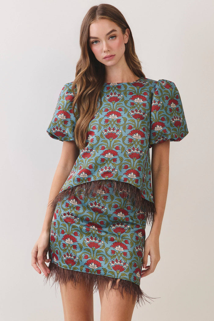 In the Mix Burgundy Floral Print Feather Trim Top