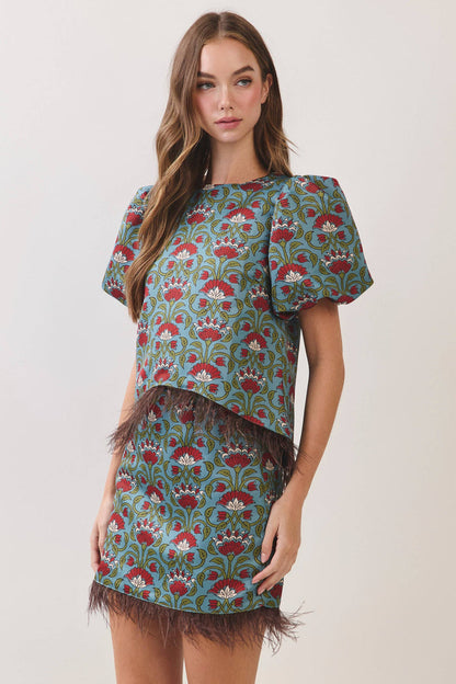 In the Mix Burgundy Floral Print Feather Trim Top