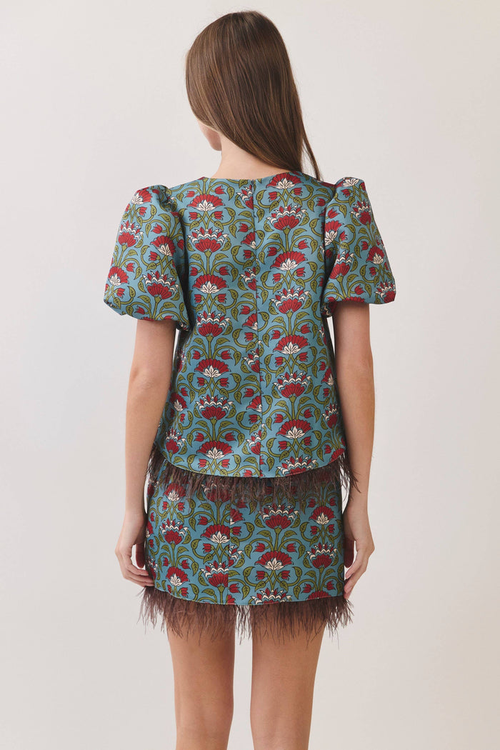 In the Mix Burgundy Floral Print Feather Trim Top