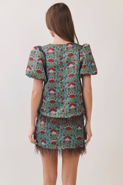 In the Mix Burgundy Floral Print Feather Trim Top