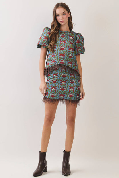 In the Mix Burgundy Floral Print Feather Trim Top