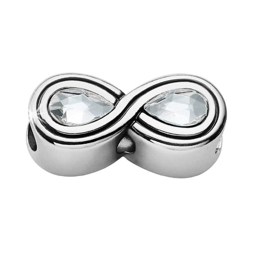 Brighton infinity charm with silver-plated finish and two faceted crystal teardrop stones on a white background