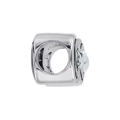 Brighton silver-plated bead charm with cut-out crescent moon design and crystal star accent on a white background