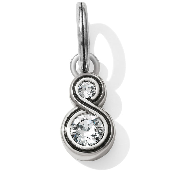 Brighton infinity charm with two crystal accents and silver-plated finish on a white background