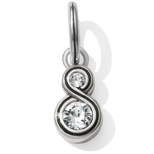 Brighton infinity charm with two crystal accents and silver-plated finish on a white background