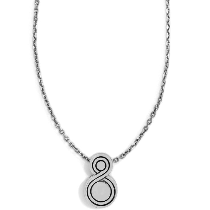 Brighton pendant necklace with silver-tone figure-eight double circle design and delicate chain on a white background